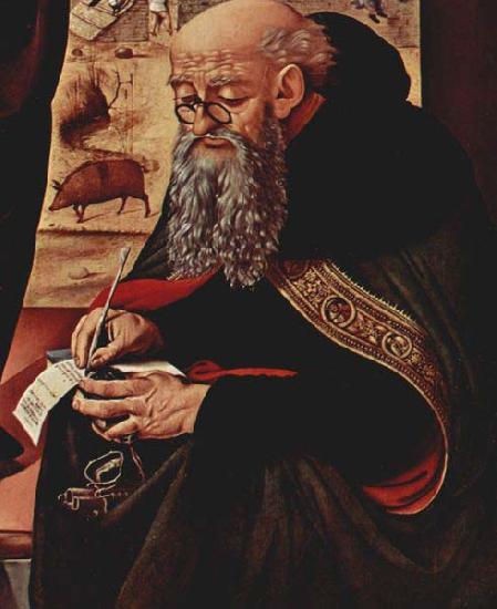 Piero di Cosimo Saint Anthony with pig in background, c. 1480 Sweden oil painting art